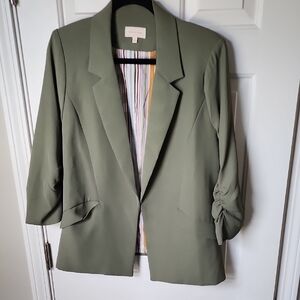 Skies Are Blue Olive Green Women's Blazer with Ruched Sleeves